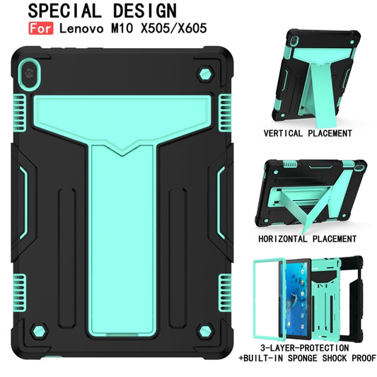 For Lenovo M10 FHD REL TB-X605F T-shaped Bracket Contrast Color Shockproof PC + Silicone Protective Case(Black + Mint Green) by buy2fix