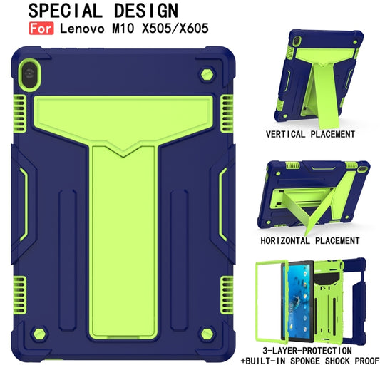 For Lenovo M10 FHD REL TB-X605F T-shaped Bracket Contrast Color Shockproof PC + Silicone Protective Case(Navy Blue + Yellow Green) by buy2fix