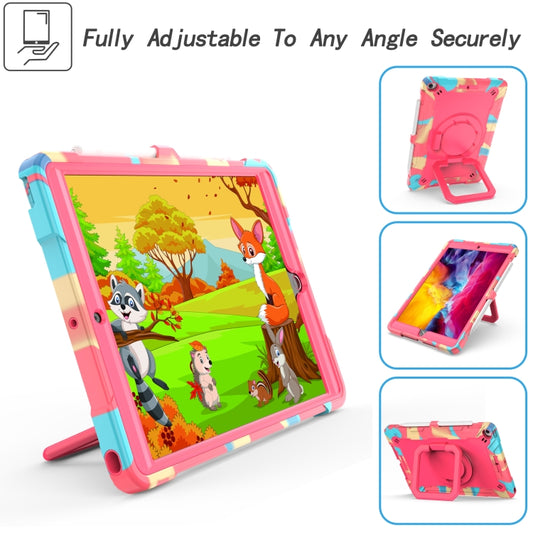 For iPad 10.2 2021 / 2020 / 2019 Contrast Color Shockproof Robot Silicone + PC Case with Wristband Holder(Camouflage + Rose Red) by buy2fix