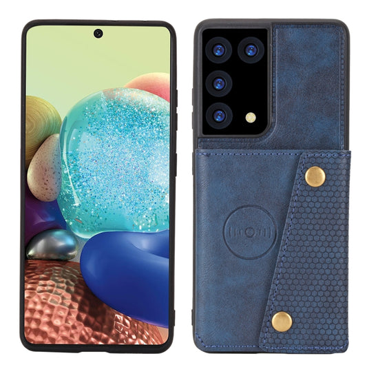 For Samsung Galaxy S21 Ultra 5G Double Buckle PU + TPU Shockproof Magnetic Protective Case with Card Slot & Holder(Blue) by buy2fix