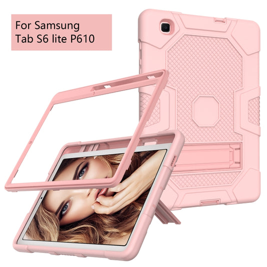 For Samsung Galaxy Tab S6 Lite P610 Contrast Color Robot Shockproof Silicone + PC Protective Case with Holder (Rose Gold) by buy2fix