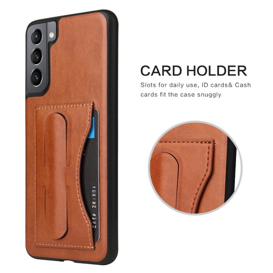 For Samsung Galaxy S21+ 5G Fierre Shann Full Coverage Protective Leather Case with Holder & Card Slot(Brown) by FIERRE SHANN