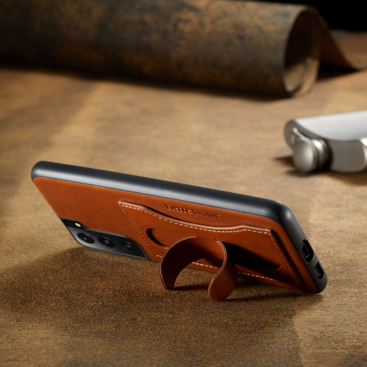 For Samsung Galaxy S21+ 5G Fierre Shann Full Coverage Protective Leather Case with Holder & Card Slot(Brown) by FIERRE SHANN