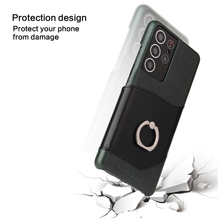 For Samsung Galaxy S21 Ultra 5G Fierre Shann Oil Wax Texture Genuine Leather Back Cover Case with 360 Degree Rotation Holder & Card Slot(Black) by FIERRE SHANN