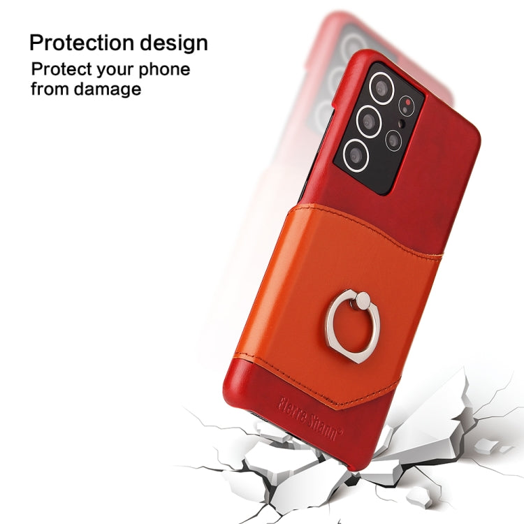 For Samsung Galaxy S21 Ultra 5G Fierre Shann Oil Wax Texture Genuine Leather Back Cover Case with 360 Degree Rotation Holder & Card Slot(Red) by FIERRE SHANN