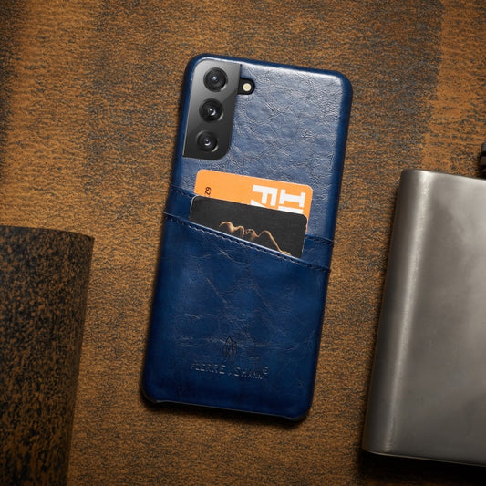 For Samsung Galaxy S21+ 5G Fierre Shann Oil Wax Texture Leather Back Cover Case(Blue) by FIERRE SHANN