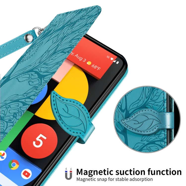 For Google Pixel 5 Life of Tree Embossing Pattern Horizontal Flip Leather Case with Holder & Card Slot & Wallet & Photo Frame & Lanyard(Blue) by buy2fix