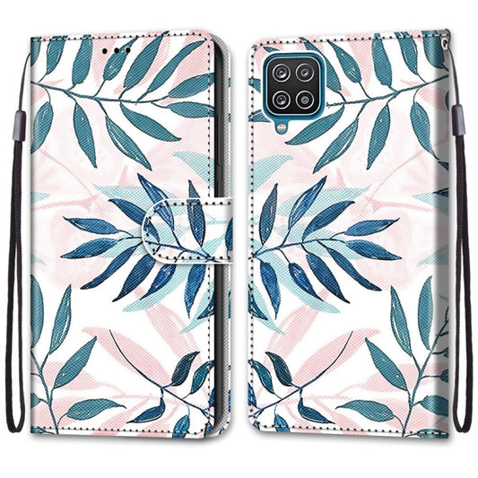 For Samsung Galaxy A12 / M12 Coloured Drawing Cross Texture Horizontal Flip PU Leather Case with Holder & Card Slots & Wallet & Lanyard(Pink Green Leaf) by buy2fix