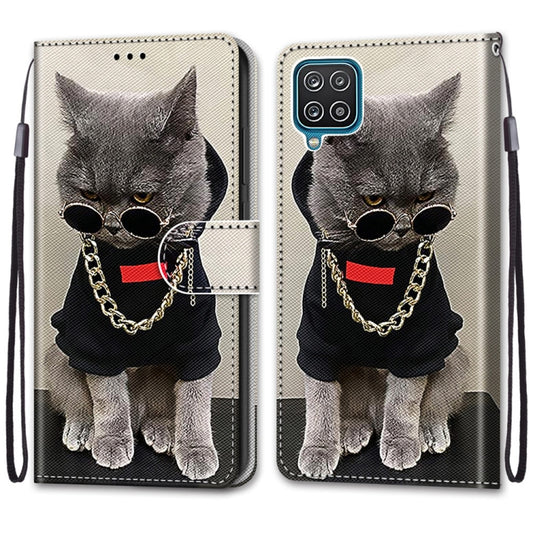 For Samsung Galaxy A12 / M12 Coloured Drawing Cross Texture Horizontal Flip PU Leather Case with Holder & Card Slots & Wallet & Lanyard(Golden Chain Grey Cat) by buy2fix