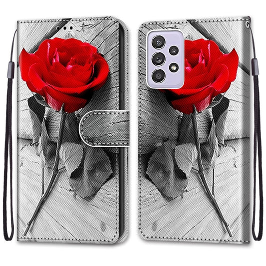 For Samsung Galaxy A52 5G Coloured Drawing Cross Texture Horizontal Flip PU Leather Case with Holder & Card Slots & Wallet & Lanyard(Wood Red Rose) by buy2fix
