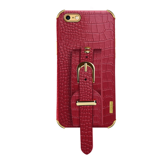 For iPhone SE 2022 / SE 2020 / 8 / 7 Electroplated TPU Crocodile Pattern Leather Case with Wrist Strap(Red) by buy2fix