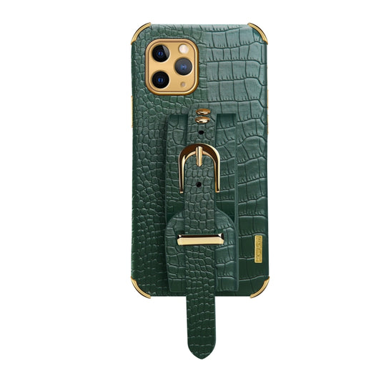 For iPhone 11 Pro Electroplated TPU Crocodile Pattern Leather Case with Wrist Strap (Green) by buy2fix