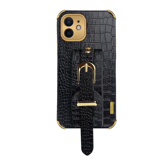 For iPhone 12 mini Electroplated TPU Crocodile Pattern Leather Case with Wrist Strap (Black) by buy2fix