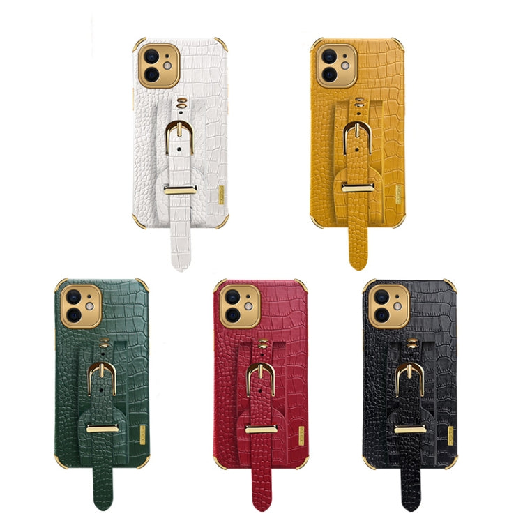 For iPhone 12 Electroplated TPU Crocodile Pattern Leather Case with Wrist Strap(Green) by buy2fix