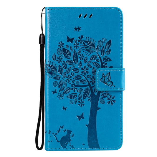 For LG K52 Tree & Cat Pattern Pressed Printing Horizontal Flip PU Leather Case with Holder & Card Slots & Wallet & Lanyard(Blue) by buy2fix