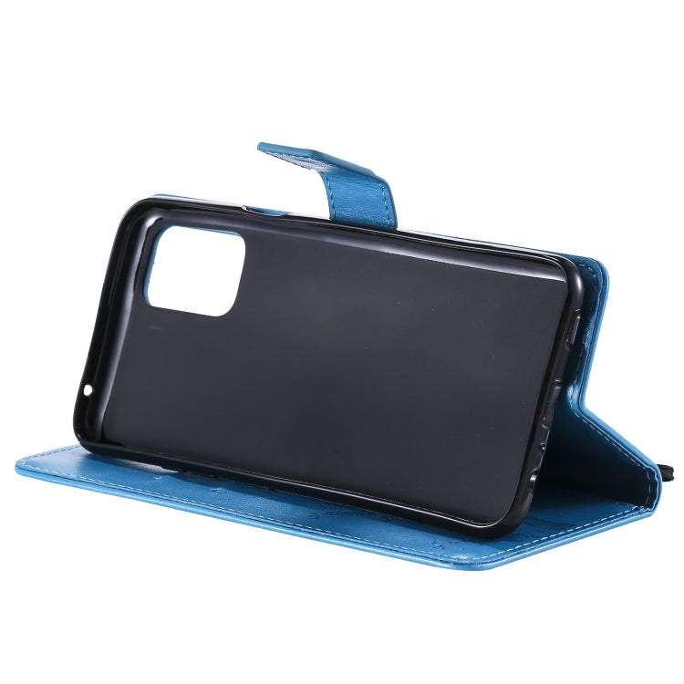 For LG K52 Tree & Cat Pattern Pressed Printing Horizontal Flip PU Leather Case with Holder & Card Slots & Wallet & Lanyard(Blue) by buy2fix