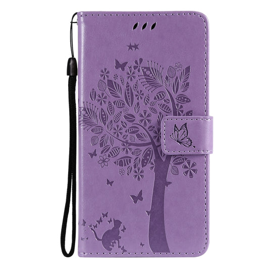 For Samsung Galaxy A52 5G Tree & Cat Pattern Pressed Printing Horizontal Flip PU Leather Case with Holder & Card Slots & Wallet & Lanyard(Lavender) by buy2fix
