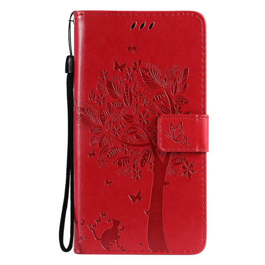 For Samsung Galaxy S21+ 5G Tree & Cat Pattern Pressed Printing Horizontal Flip PU Leather Case with Holder & Card Slots & Wallet & Lanyard(Red) by buy2fix