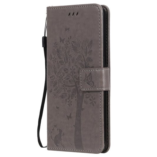 For OPPO Reno5 5G Tree & Cat Pattern Pressed Printing Horizontal Flip PU Leather Case with Holder & Card Slots & Wallet & Lanyard(Gray) by buy2fix