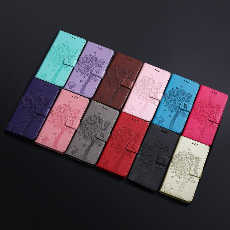 For OPPO Reno5 5G Tree & Cat Pattern Pressed Printing Horizontal Flip PU Leather Case with Holder & Card Slots & Wallet & Lanyard(Purple) by buy2fix