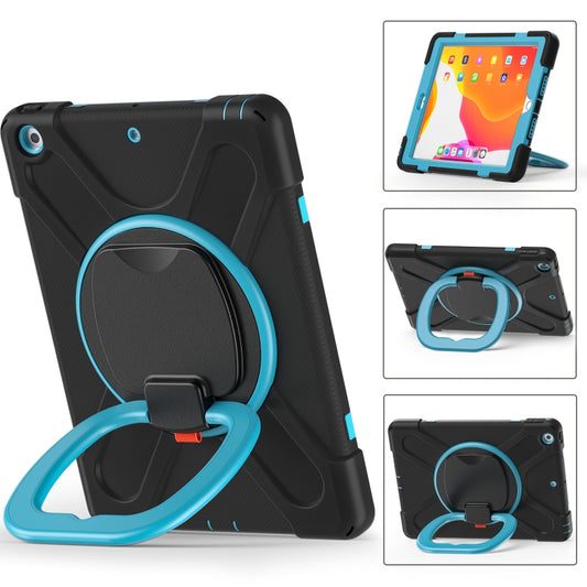 For Apple iPad 10.2 2021 / 2020 / 2019 Contrast Color Silicone + PC Protective Case with Holder & Shoulder Strap(Black+Blue) by buy2fix