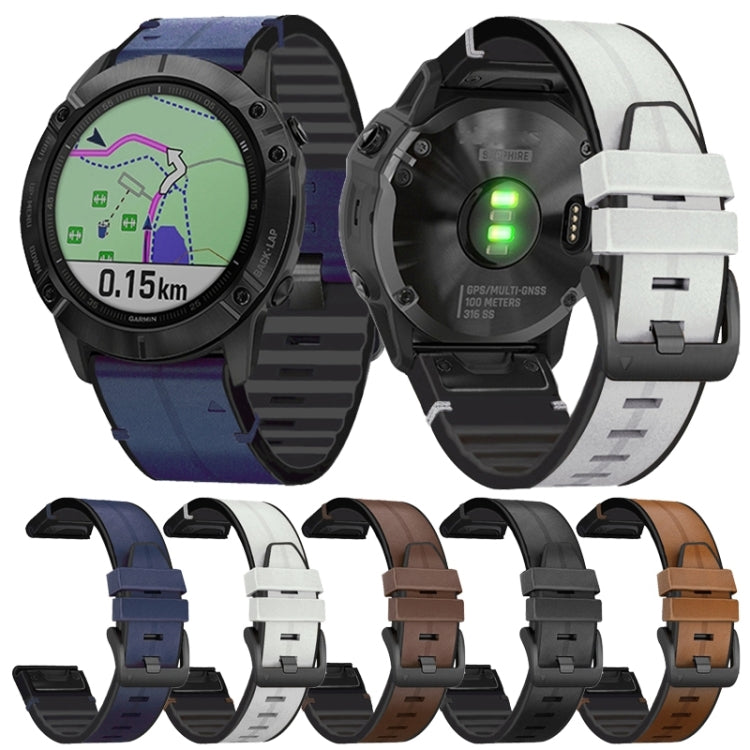 For Garmin Fenix 6X Silicone + Leather Quick Release Watch Band(Blue) by buy2fix