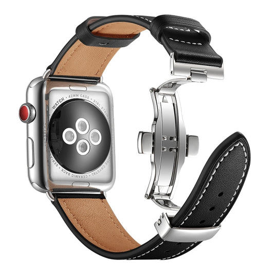 Genuine Leather + Butterfly Silver Buckle Watch Band For Apple Watch Series 7 45mm / 6 & SE & 5 & 4 44mm / 3 & 2 & 1 42mm(Black) by buy2fix
