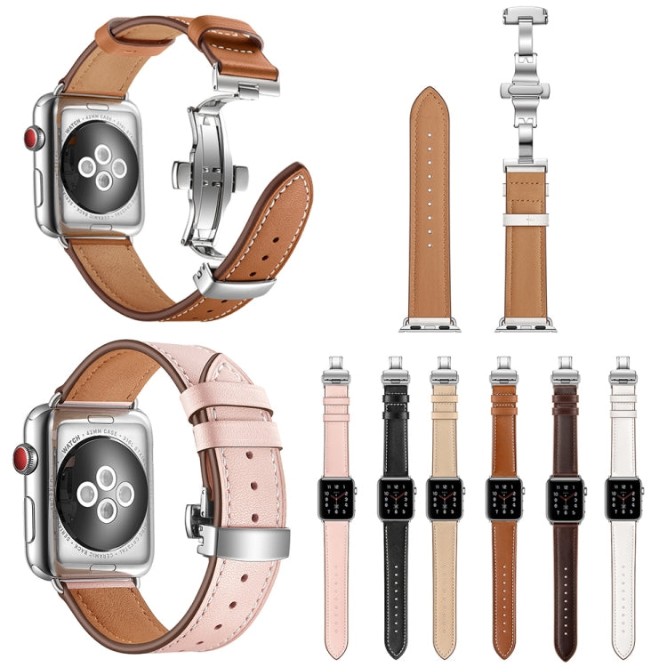 Genuine Leather + Butterfly Silver Buckle Watch Band For Apple Watch Series 7 45mm / 6 & SE & 5 & 4 44mm / 3 & 2 & 1 42mm(Apricot) by buy2fix