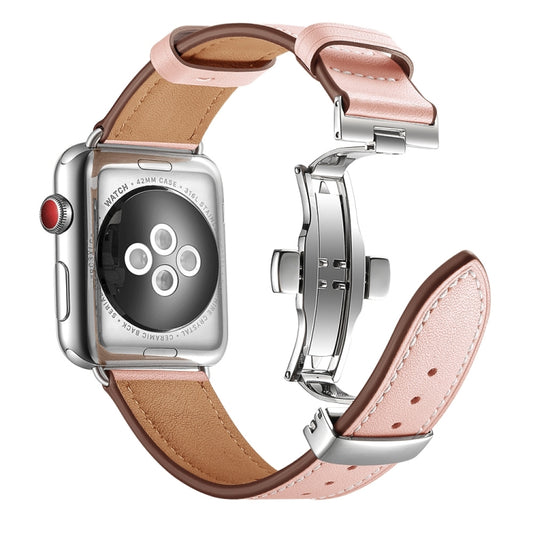 Genuine Leather + Butterfly Silver Buckle Watch Band For Apple Watch Series 7 41mm / 6 & SE & 5 & 4 40mm / 3 & 2 & 1 38mm(Pink) by buy2fix