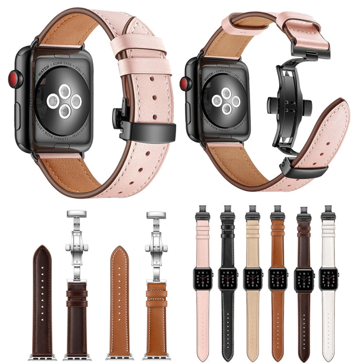 Genuine Leather + Butterfly Black Buckle Watch Band For Apple Watch Series 7 45mm / 6 & SE & 5 & 4 44mm / 3 & 2 & 1 42mm(Black) by buy2fix