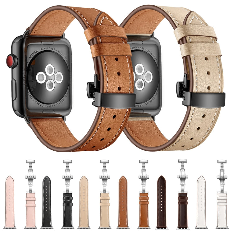 Genuine Leather + Butterfly Black Buckle Watch Band For Apple Watch Series 9&8&7 41mm / SE 3&SE 2&6&SE&5&4 40mm / 3&2&1 38mm(Black) by buy2fix