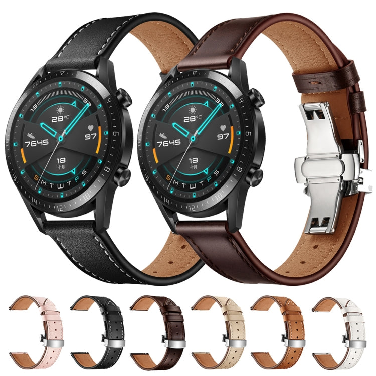 22mm Universal Butterfly Buckle Leather Watch Band, Style:Silver Buckle(Brown) by buy2fix