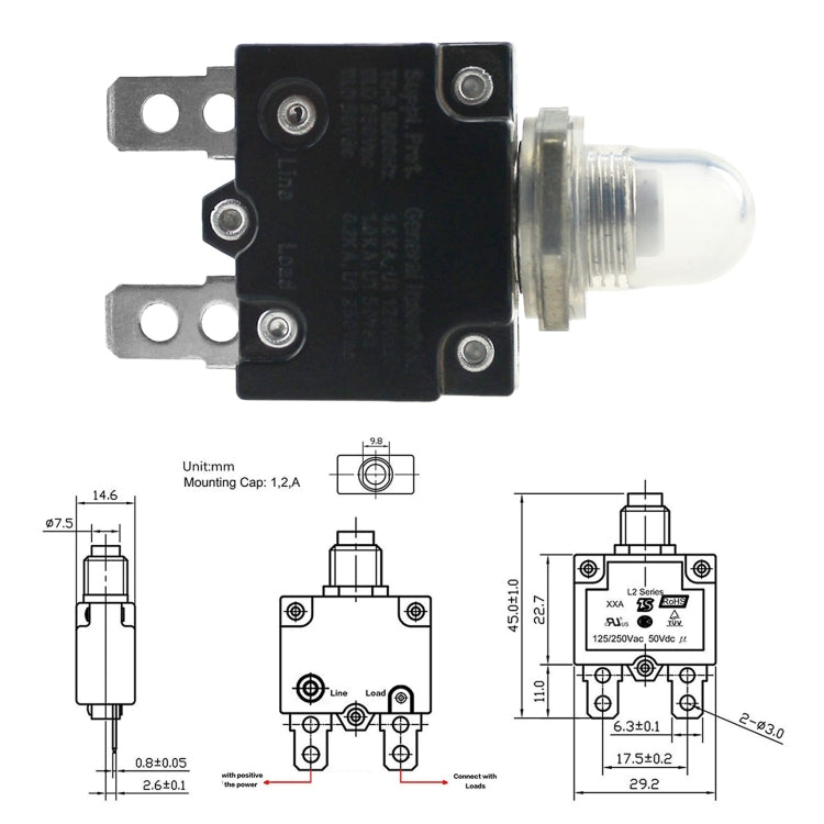 L2 Series 50V Car Overload Protector Manual Reset DC Circuit Breaker with Waterproof Cover, Current:10A by buy2fix