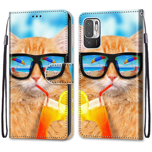 For Xiaomi Redmi Note 10 5G Coloured Drawing Cross Texture Horizontal Flip PU Leather Case with Holder & Card Slots & Wallet & Lanyard(Cat Drinking Soda) by buy2fix