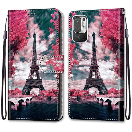 For Xiaomi Redmi Note 10 5G Coloured Drawing Cross Texture Horizontal Flip PU Leather Case with Holder & Card Slots & Wallet & Lanyard(Pink Flower Tower Bridge) by buy2fix