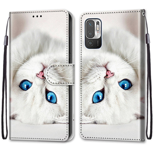For Xiaomi Redmi Note 10 5G Coloured Drawing Cross Texture Horizontal Flip PU Leather Case with Holder & Card Slots & Wallet & Lanyard(White Kitten) by buy2fix