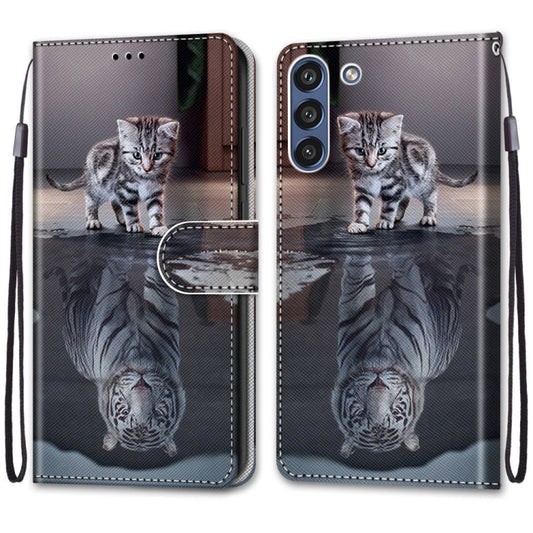 For Samsung Galaxy S21 FE Coloured Drawing Cross Texture Horizontal Flip PU Leather Case with Holder & Card Slots & Wallet & Lanyard(Cat Becomes Tiger) by buy2fix