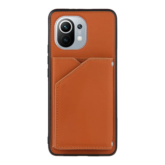 For Xiaomi Mi 11 Skin Feel PU + TPU + PC Back Cover Shockproof Case with Card Slots & Holder & Photo Frame(Brown) by buy2fix