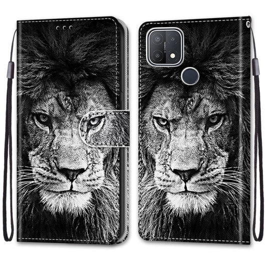 For OPPO A15 / A15s Coloured Drawing Cross Texture Horizontal Flip PU Leather Case with Holder & Card Slots & Wallet & Lanyard(Black White Lion Head) by buy2fix
