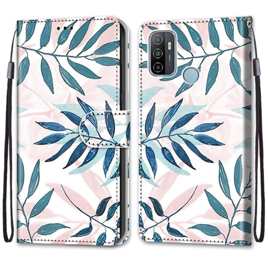 For OPPO A53 4G(2020) / A53s / A32 / A33 (2020) Coloured Drawing Cross Texture Horizontal Flip PU Leather Case with Holder & Card Slots & Wallet & Lanyard(Pink Green Leaf) by buy2fix