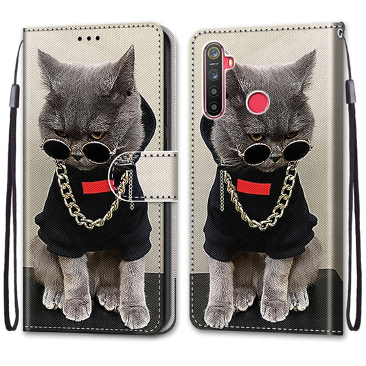 For OPPO Realme 5 / 5s / 5i / C3 / C3i / 6i / Narzo10 / 10A / 20A Coloured Drawing Cross Texture Horizontal Flip PU Leather Case with Holder & Card Slots & Wallet & Lanyard(Golden Chain Grey Cat) by buy2fix
