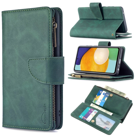 For Samsung Galaxy A52 5G / 4G Skin Feel Detachable Magnetic Zipper Horizontal Flip PU Leather Case with Multi-Card Slots & Holder & Wallet & Photo Frame & Lanyard(Green) by buy2fix