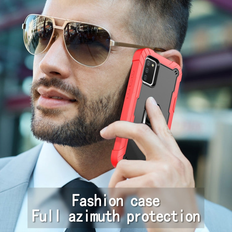 For Samsung Galaxy A02s PC + Rubber 3-layers Shockproof Protective Case with Rotating Holder(Red + Black) by buy2fix