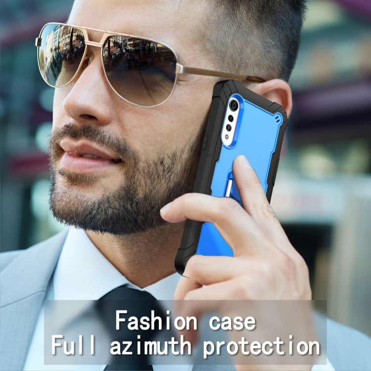 For LG Velvet PC + Rubber 3-layers Shockproof Protective Case with Rotating Holder(Black + Blue) by buy2fix