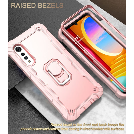 For LG Velvet PC + Rubber 3-layers Shockproof Protective Case with Rotating Holder(Rose Gold) by buy2fix