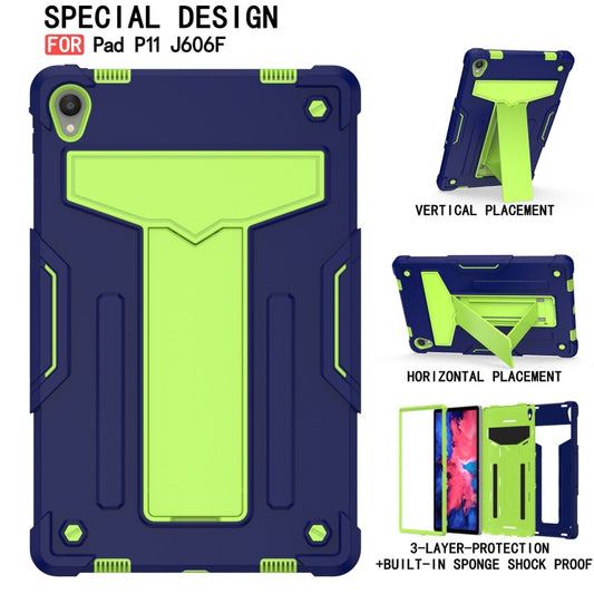 For Lenovo Tab P11 (Tab-J606F) T-shaped Bracket Contrast Color Shockproof PC + Silicone Flat Protective Case(Navy Blue + Yellow Green) by buy2fix