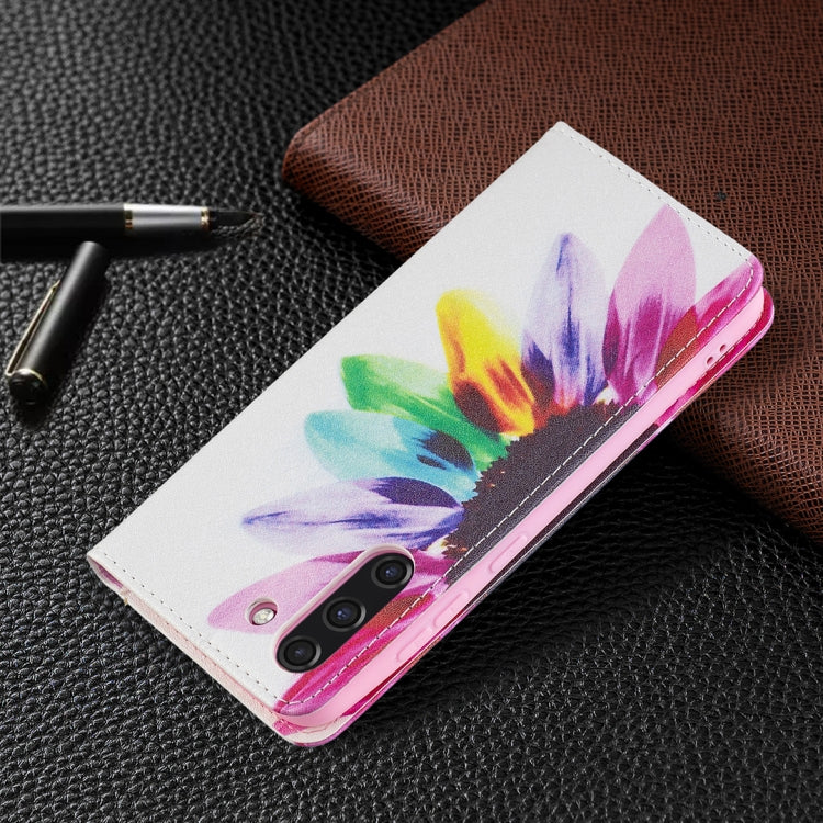 For Samsung Galaxy S21 FE Colored Drawing Pattern Invisible Magnetic Horizontal Flip PU Leather Case with Holder & Card Slots & Wallet(Sun Flower) by buy2fix