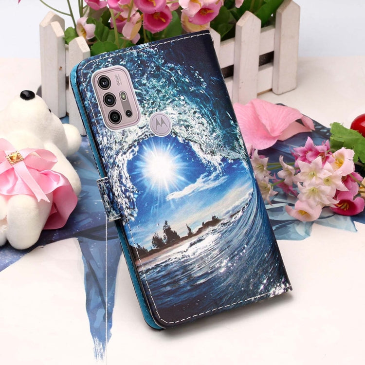 For Motorola Moto G30 / G10 / G10 Power Colored Drawing Pattern Plain Weave Horizontal Flip Leather Case with Holder & Card Slot & Wallet & Lanyard(Waves And Sun) by buy2fix