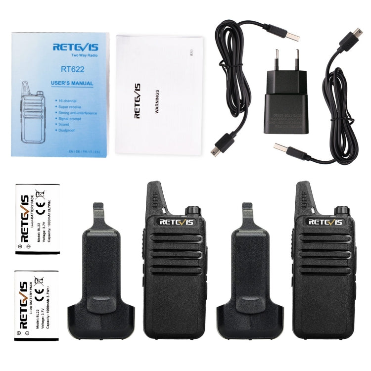 1 Pair RETEVIS RT622 EU Frequency 400-480MHz 16CHS Two Way Radio Handheld Walkie Talkie, EU Plug(Black) by RETEVIS