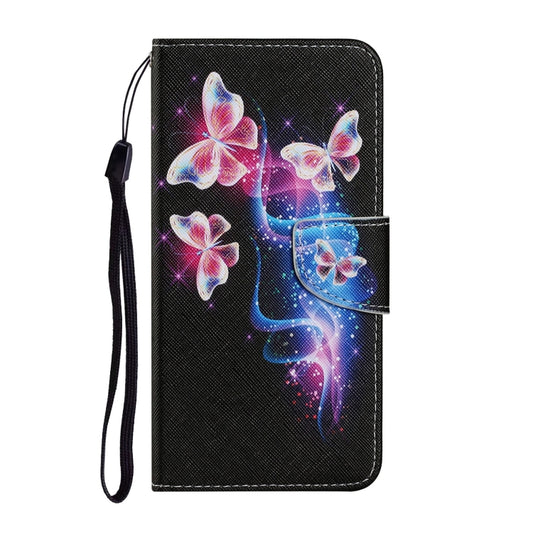 For Samsung Galaxy A22 5G Coloured Drawing Pattern Horizontal Flip PU Leather Case with Holder & Card Slots & Wallet & Lanyard(Three Fluorescent Butterflies) by buy2fix